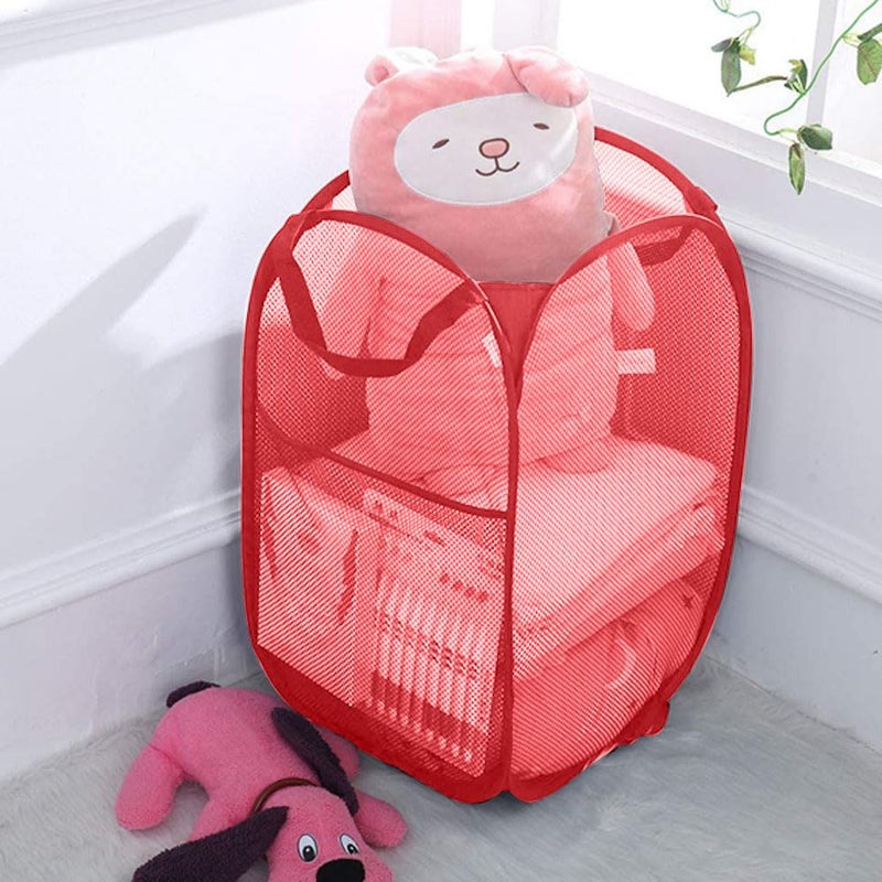 Buenod Pop up Hamper for Laundry, Collapsible Mesh Laundry Basket, Portable Foldable Clothes Hamper Storage Bin for Apartment, College Dorm or Travel, Red - Image 2